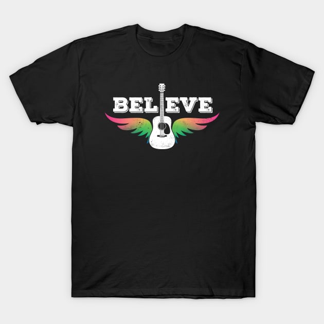 Believe Colorful Guitar Wings Dreadnought Style Acoustic Guitar T-Shirt by nightsworthy